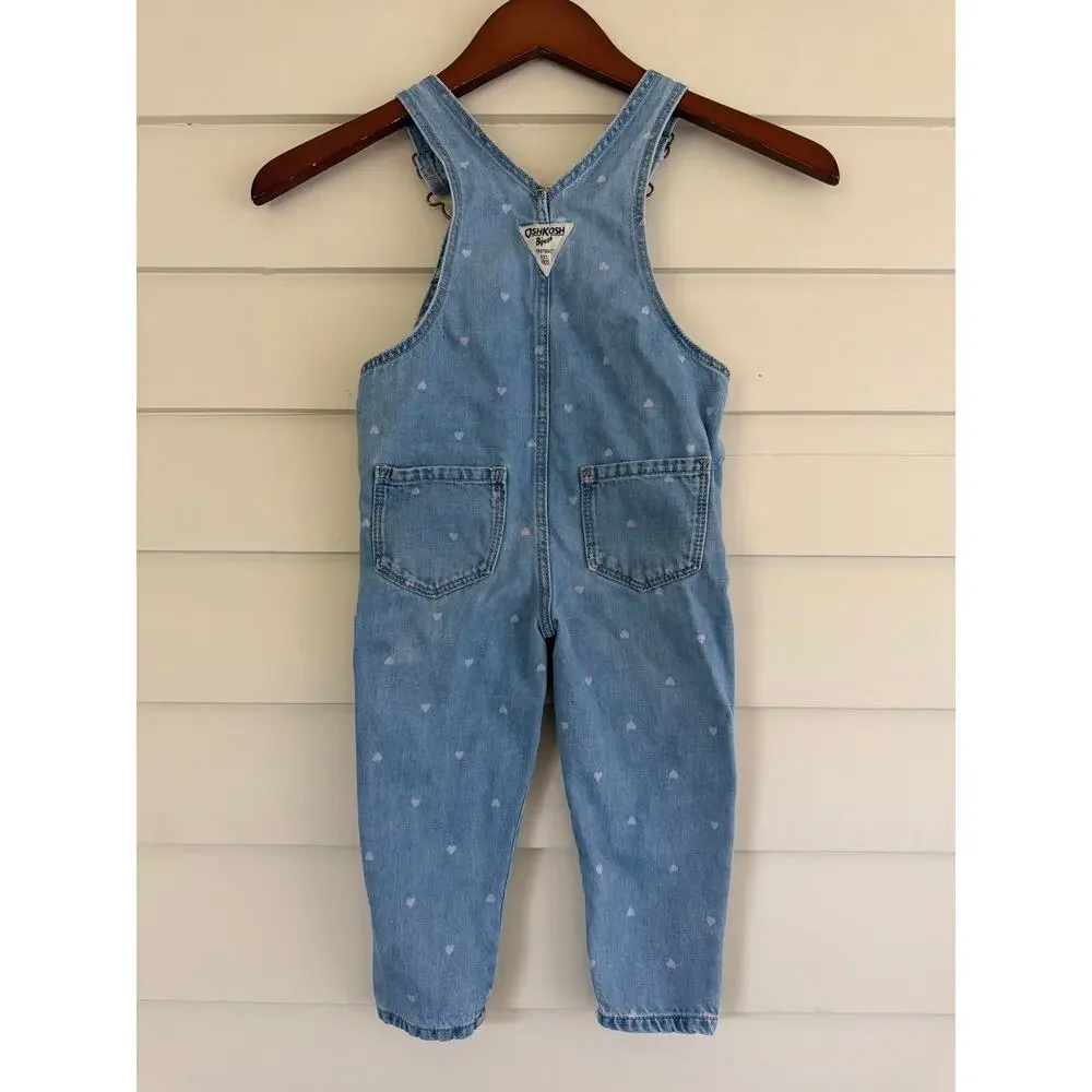 Vtg OshKosh Bgosh Heart Print Denim Overalls Girls 2T 90s Y2K Heart Bib Pocket